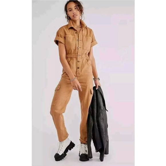 Free People We The Free Marci Denim Coveralls Jumpsuit Size XS Ecru Tan Utility